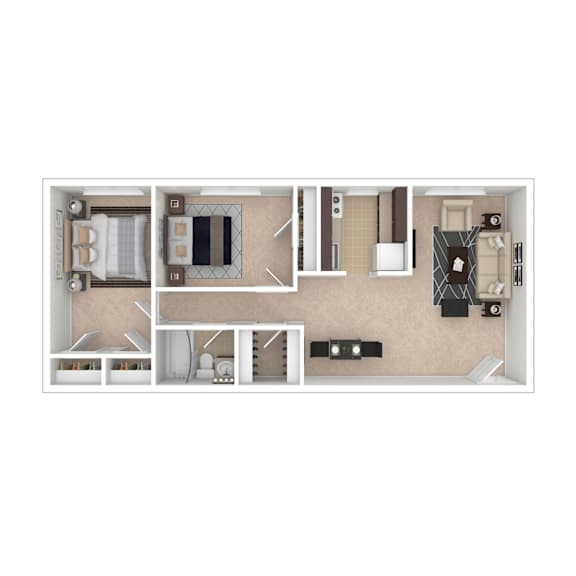 A floor plan of a small apartment with a kitchen, living room, and bathroom.