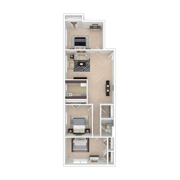 A floor plan of an apartment with a kitchen, living room, and two bedrooms.