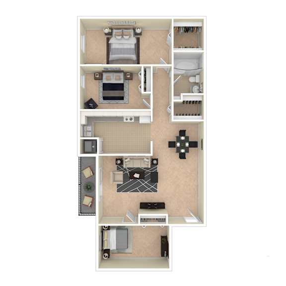 A floor plan of a house with a kitchen, living room, and two bedrooms.