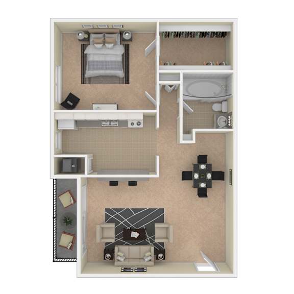 A top-down view of a small apartment with a bedroom, living room, and kitchen.