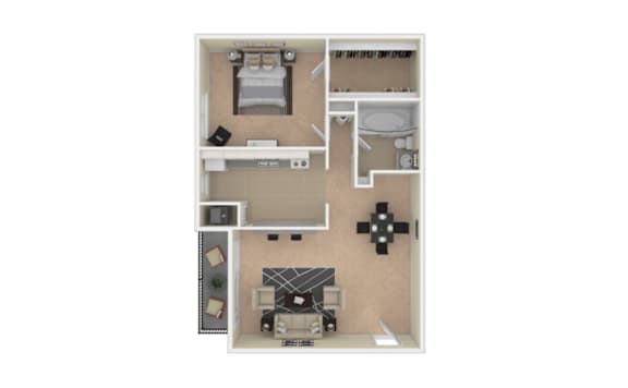 A dollhouse with a kitchen, living room, and dining area.