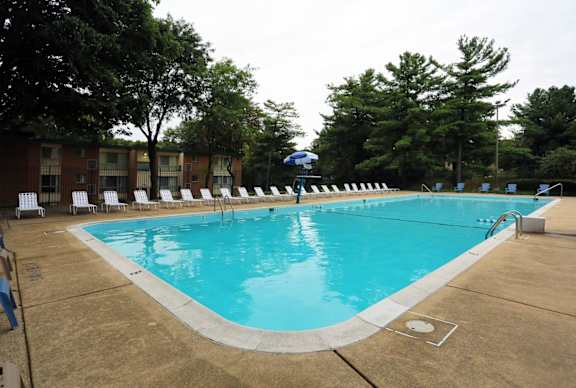 A large swimming pool surrounded by trees and chairs.