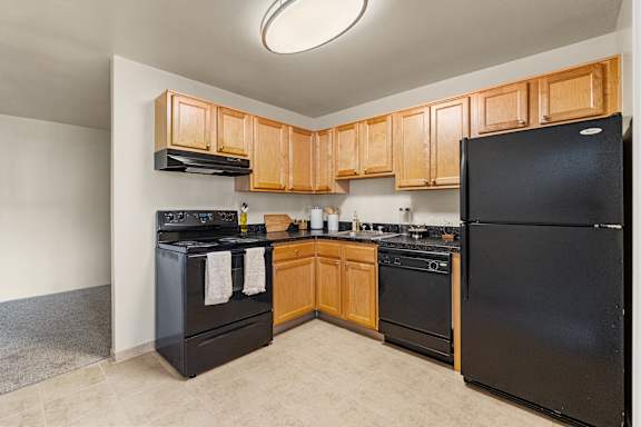 A kitchen with black appliances and wooden cabinets.