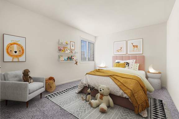 A child's bedroom with a bed, chair, and stuffed animals.