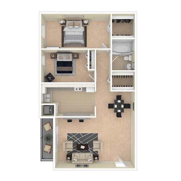 A top-down view of a small apartment layout with a bedroom, living room, kitchen, and bathroom.