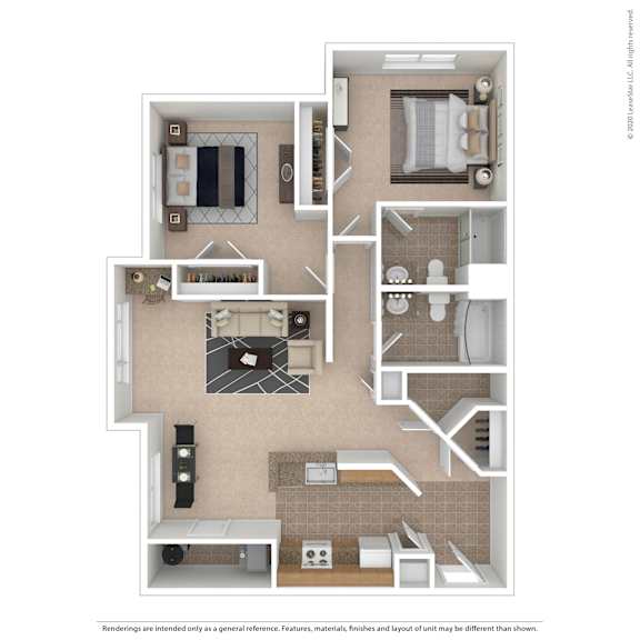 a stylized floor plan with a bedroom and living room
