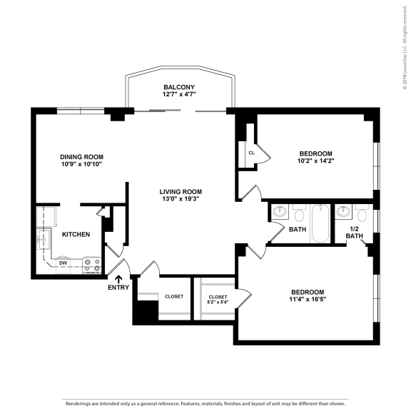 2 Bed, 1.5 Bath Floor Plan | 985 Sq. Ft. at The Brittany, District of Columbia, 20015