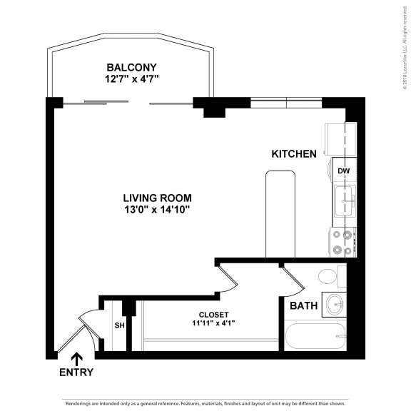 Studio, 1 Bath Floor Plan | 459 Sq. Ft. at The Brittany, Washington, DC, District of Columbia