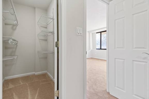A white door is open to a room with a carpeted floor at The Brittany, Washington, DC, 20015