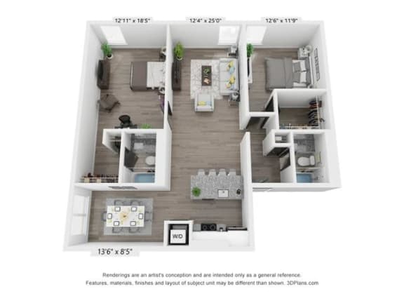 a 1 bedroom floor plan  600 sq ft at The James On Merrimac, Williamsburg, VA 23185