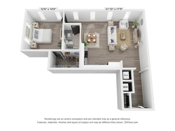 a stylized floor plan with a bedroom and a living room at The James On Merrimac, Williamsburg