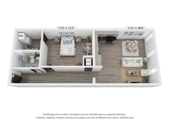 a 1 bedroom floor plan with a bathroom and a living room