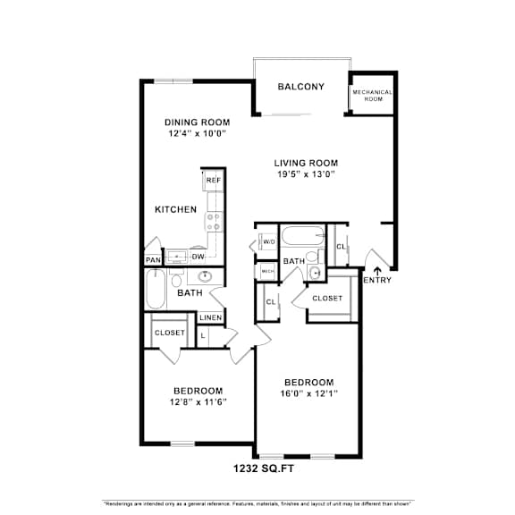 A floor plan of a 1232 square foot home with a living room, dining room, kitchen, two bedrooms, and a balcony.