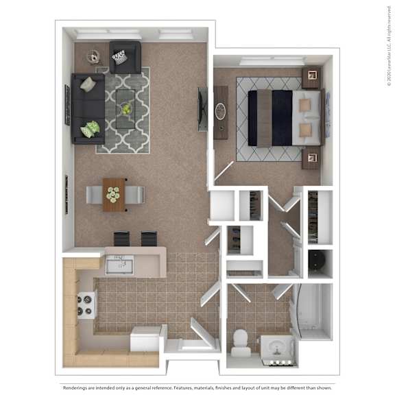 A floor plan of a small apartment with a kitchen, living room, and bathroom.
