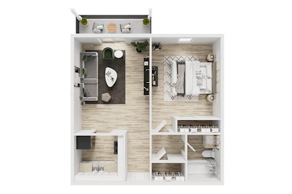 A top-down view of a small, well-organized apartment with a kitchen, living room, and bathroom.