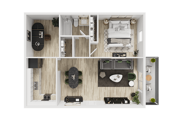 A top-down view of a small apartment with a kitchen, living room, and bedroom.