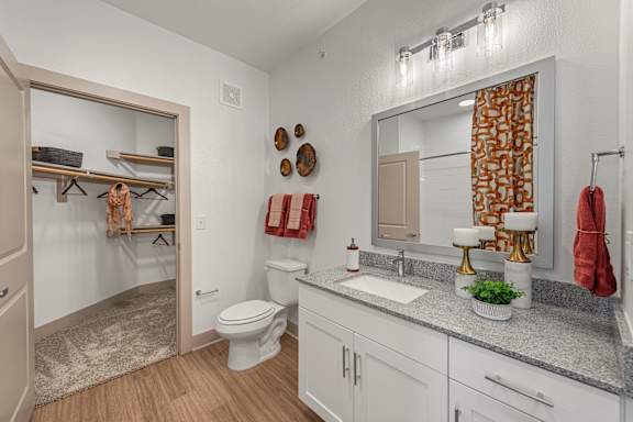 A bathroom with a toilet, sink, mirror, and a rug.