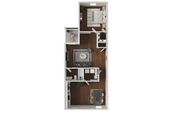 A 3D rendered image of a small apartment layout.