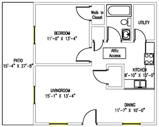 A floor plan of a house with a bedroom, living room, kitchen, dining room, and patio.