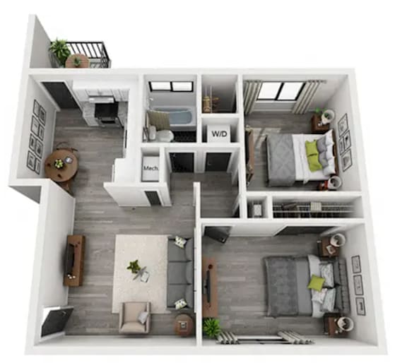 Floor Plan  A 3D floor plan of a small apartment with two bedrooms, a living room, and a kitchen.
