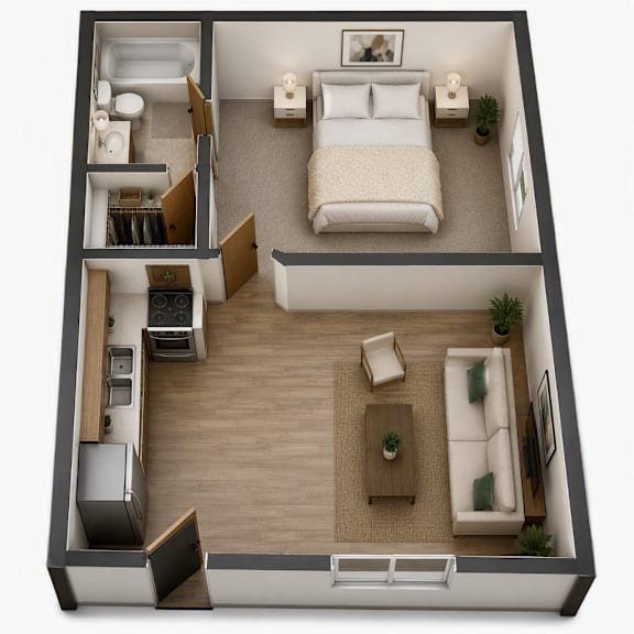 A top-down view of a small apartment with a bedroom, living room, and kitchen.