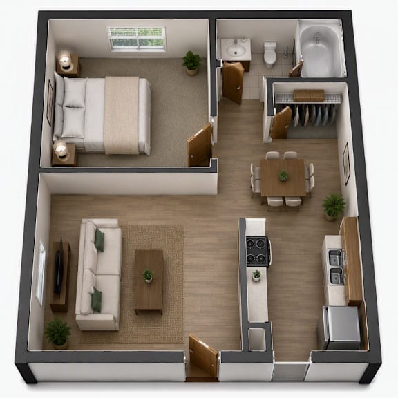 A top-down view of a modern apartment with a bedroom, living room, and kitchen.