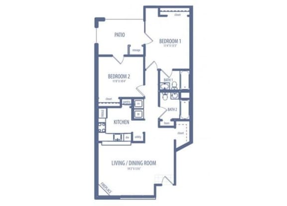 2 bed 2 bath floor plan at Chesterfieldfield Garden Apartments, Chesterfield, 23836