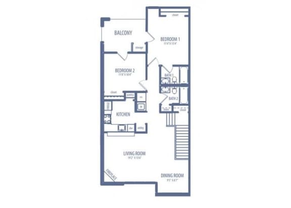 2 bed 2 bath floor plan B at Chesterfieldfield Garden Apartments, Chesterfield