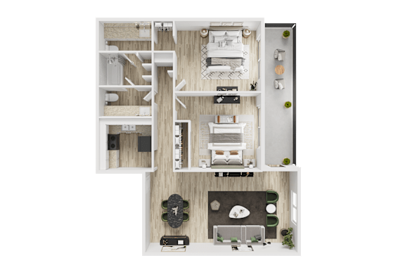 A detailed floor plan of a modern apartment with a living room, kitchen, and two bedrooms.