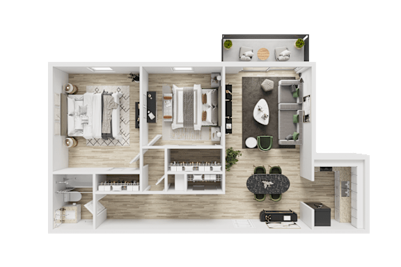 A detailed 3D floor plan of a modern apartment layout.
