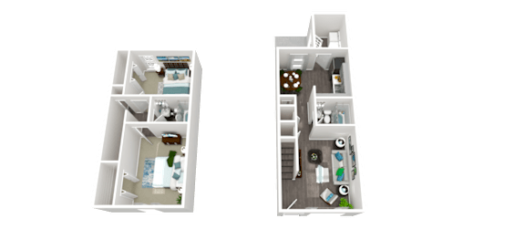 Two floor plans of a house with a kitchen, living room, and bedrooms.