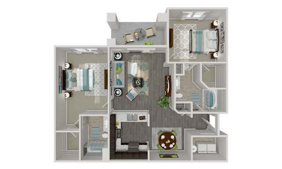 A 3D floor plan of a house with a kitchen, living room, and bathroom.