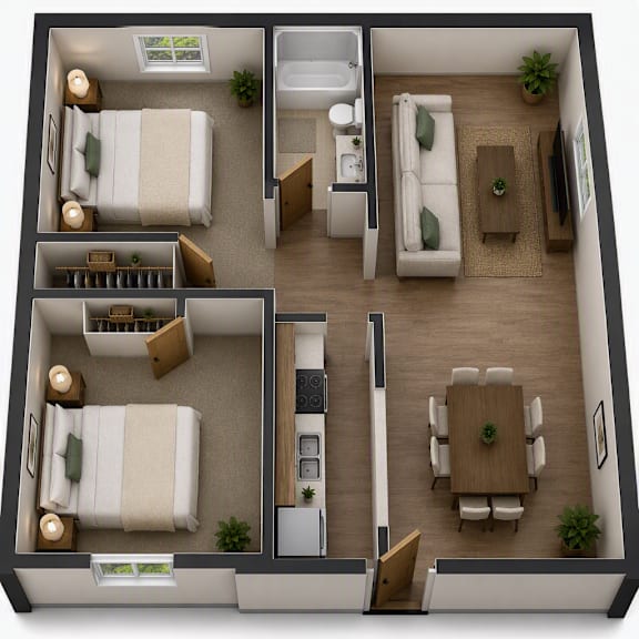 A top-down view of a living space with two bedrooms, a kitchen, and a dining area.