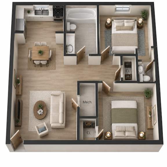 A top-down view of a house interior with a living room, dining room, kitchen, and bedrooms.