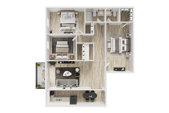 A detailed floor plan of a small apartment with a kitchen, living room, and bathroom.
