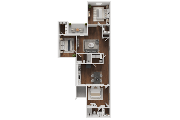 A floor plan of a house with a kitchen, living room, and two bedrooms.