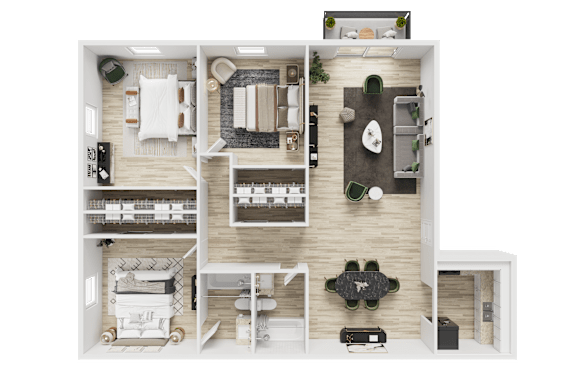 A top-down view of a house layout with a living room, dining area, kitchen, and bedrooms.