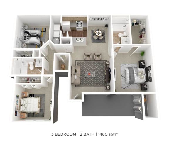 Floor Plan  a floor plan of 3 bedroom 1 bath apartment
