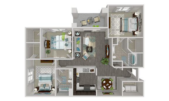 A 3D floor plan of a house with a kitchen, living room, and bathroom.