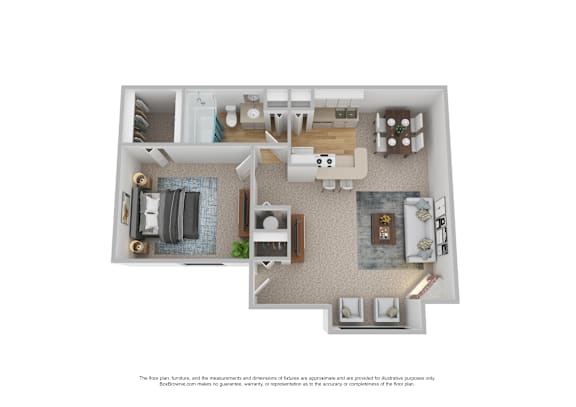 A floor plan of a house with a kitchen, living room, and two bedrooms.