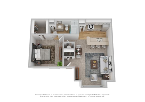 A floor plan of a two-bedroom apartment with a living room, kitchen, and bathroom.