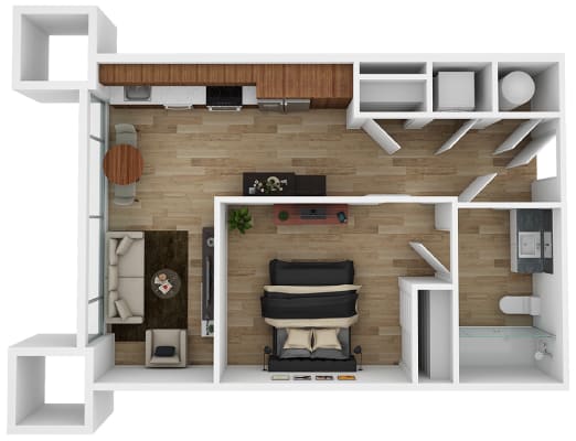 a stylized floor plan of a studio apartment with a bedroom and a living room at The 600 Apartments, Birmingham, AL