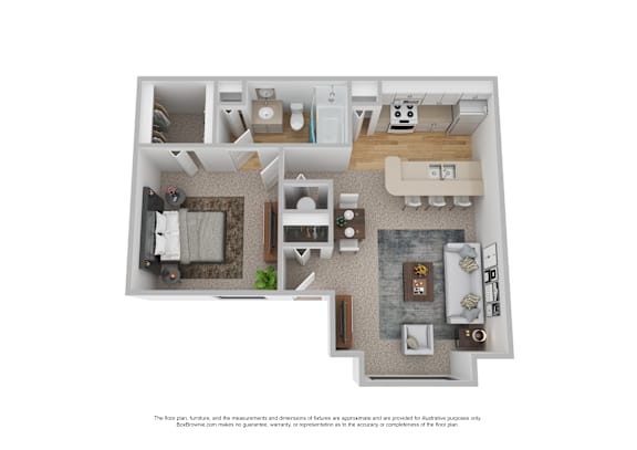 A floor plan of a two-bedroom, two-bathroom apartment.