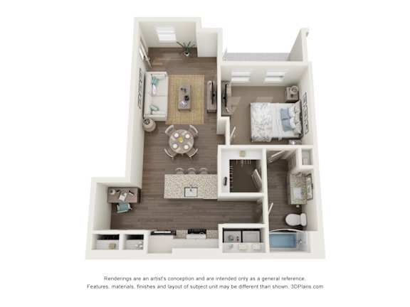 A 3D floor plan of a small apartment with a kitchen, living room, and bedroom.