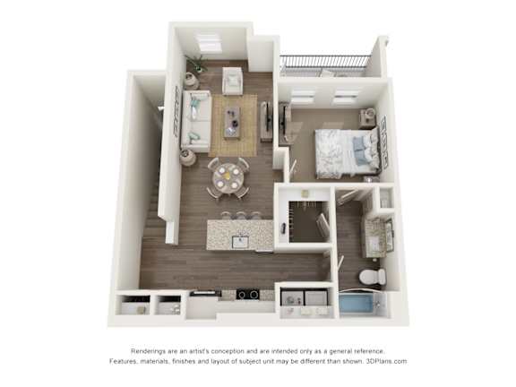 A 3D floor plan of a small apartment with a kitchen, living room, and bedroom.