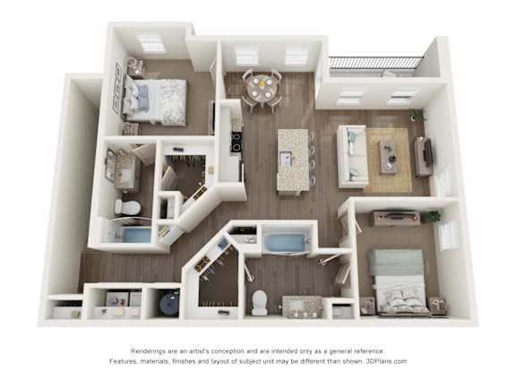 A 3D floor plan of a house with a kitchen, living room, and bedrooms.