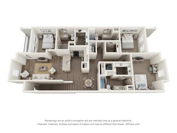 A 3D floor plan of a house with a kitchen, living room, and bedrooms.