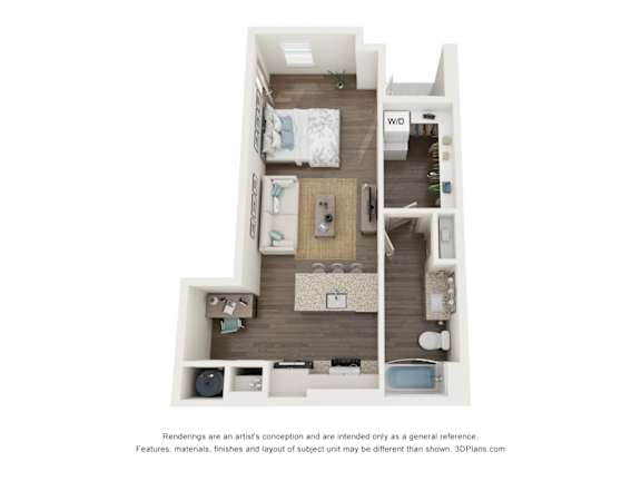 A 3D floor plan of a small apartment with a bedroom, living room, and kitchen.