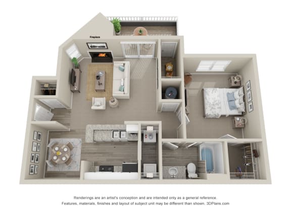 this is a 3d floor plan of a 752 square foot 1 bedroom apartment at the