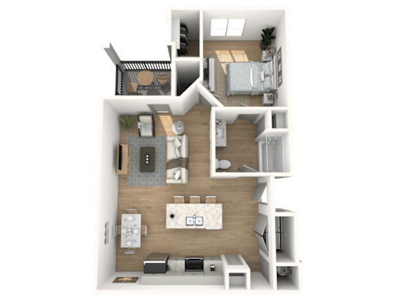 A 3D rendered image of a house layout.